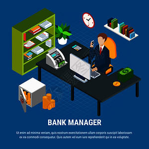 办公室工作的银行经理蓝色背景矢量插图上的等距构图银行经理等距成商务办公高清图片素材