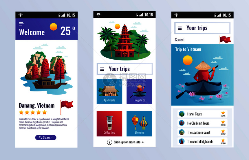 越南旅游垂直横幅广告公寓购物船游矢量插图越南旅行垂直横幅图片