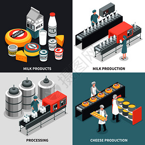 牛奶生产牛奶奶酪生产过程工厂工人2x2孤立彩色背景三维等距矢量插图上牛奶厂2x2理念插画