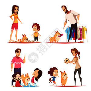 家庭与最喜欢的小狗游戏,恶作剧与卫生纸水,矢量插图最喜欢的小狗背景图片
