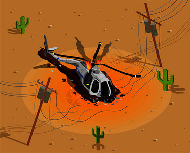 飞机直升机等距成与沙漠风光燃烧直升机附近破碎的电力传输线矢量插图直升机击落了构图插画