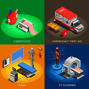 医疗设备等距2x2与成的运输治疗设施单位与文本矢量插图现代医学理念图片