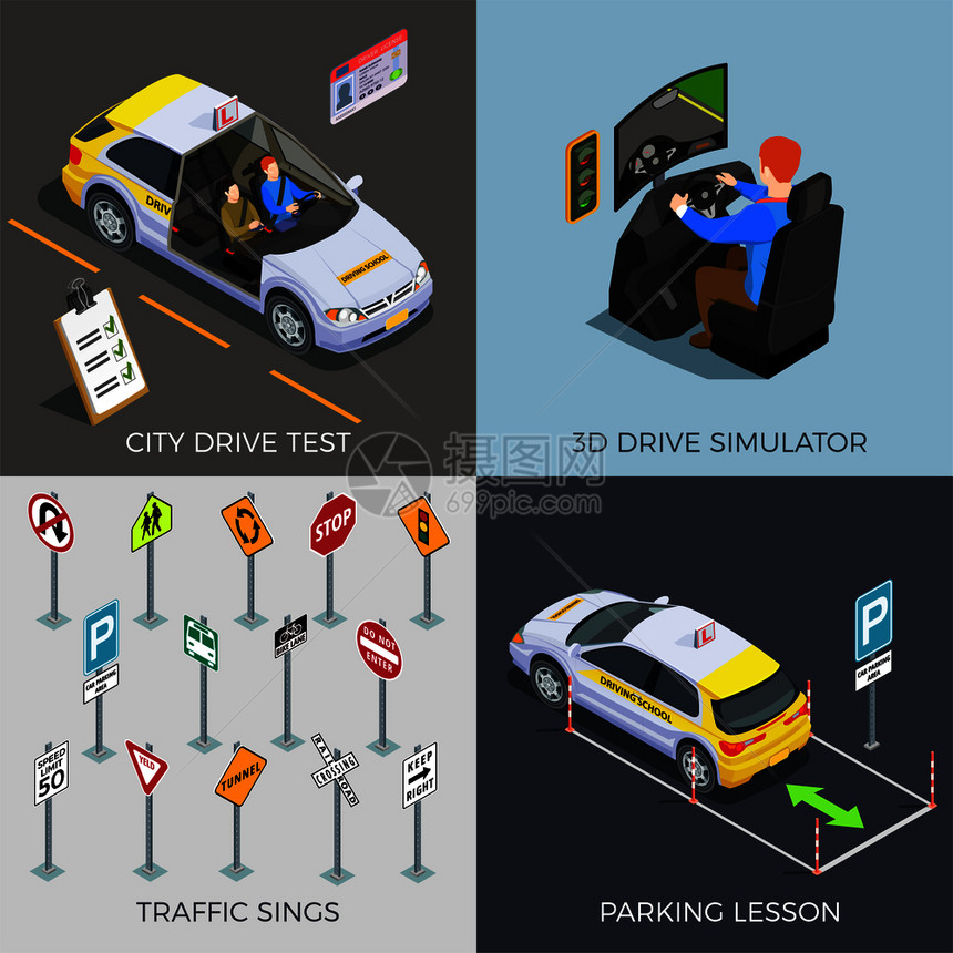 驾驶学校等距2x2与交通标志成驱动模拟器汽车文本矢量插图驾驶考试理念图片