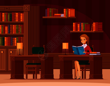 告客户书图书馆阅览室内部平正交构图与轻女士客户桌子书架矢量插图图书馆阅览室公寓插画