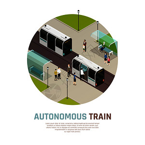 智能城市与自主交通,等距圆形成与无人驾驶列车与乘客车站矢量插图自主列车等距成背景图片