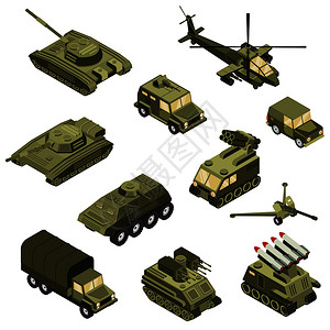 用装甲运输货物人员运输车战斗陆地车辆直升机等距图标收集孤立矢量插图用车辆等距插画