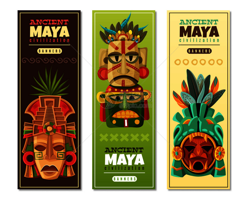 古代玛雅文明垂直横幅玛雅具宗教象,成像玛雅神矢量插图玛雅文明垂直横幅图片