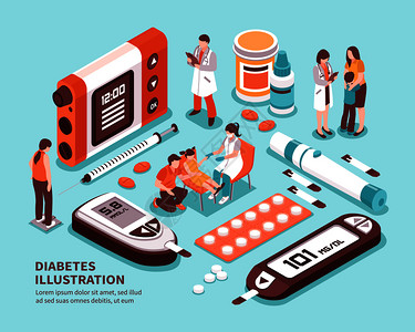 糖尿病患者生命等距成与诊断糖水平测试体重控制饮食胰岛素注射矢量图糖尿病等长成分背景图片