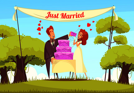 开朗的刚结婚的人户外卡通矢量插图吃新娘蛋糕刚刚结婚的卡通插图图片