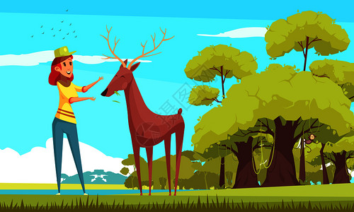 奈良鹿公园喂养森林动物,微笑的女孩给鹿蓝天背景卡通矢量插图食物森林动物喂养卡通插图插画