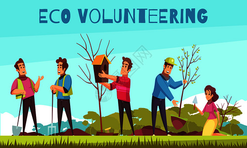 志愿树生态志愿漫画作文与人悬挂鸟屋,种植树苗矢量插图生态志愿卡通作文插画