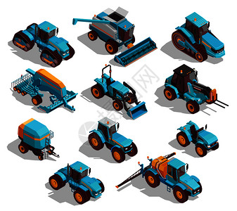 耕耘机农业机器等距图标拖拉机喷雾器隔离矢量插图农业机器等距图标插画