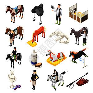 马术动物骑马等距马匹骑手骑师配件稳定的工作人员隔离图标矢量插图骑马等距图标插画