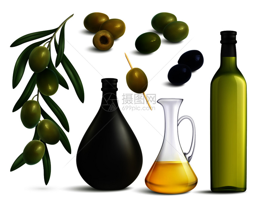 套真实的绿色黑色橄榄油璃瓶瓶子隔离矢量插图橄榄油写实套装图片