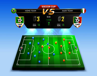 广播足球锦标赛,蓝色背景的构图与信息板球员安置方案矢量插图足球锦标赛广播作文背景图片