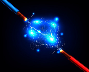 蓝色红色电缆与雷电放电火花现实成的黑暗背景矢量插图电缆闪电的真实成背景图片