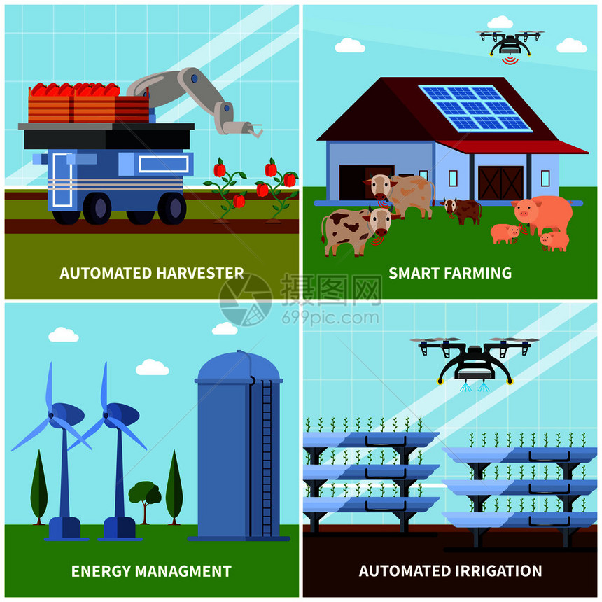 智能农业与无人收割机,自动灌溉,能源管理,正交平,孤立矢量插图智能农业正交图片