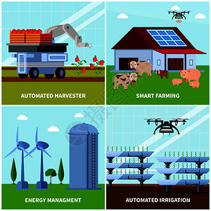 智能农业与无人收割机,自动灌溉,能源管理,正交平,孤立矢量插图智能农业正交图片