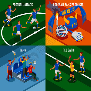 潘卡足球足球2x2集足球攻击红卡球迷产品等距构图矢量插图足球2x2等距插画