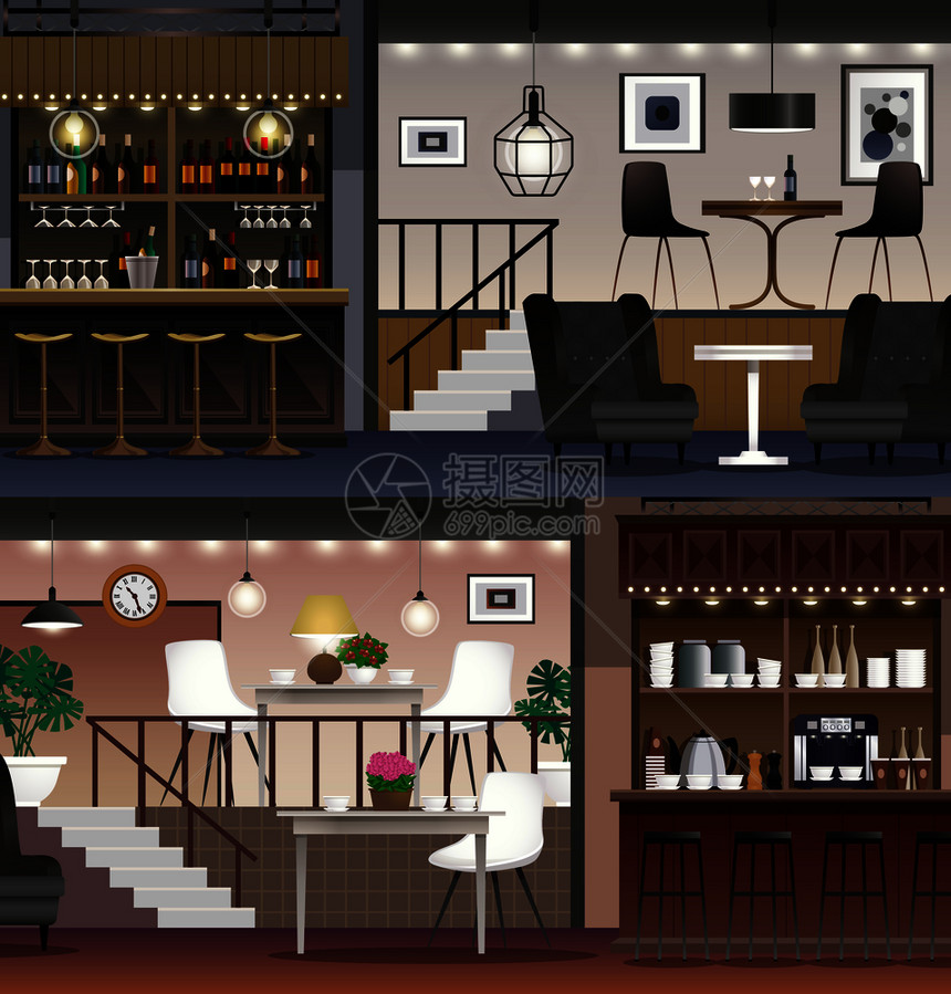 咖啡厅餐厅咖啡厅酒吧内部现实横幅照明葡萄酒货架家具孤立矢量插图咖啡馆酒吧现实的横幅图片