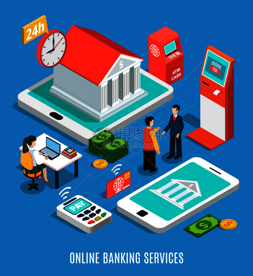 网上银行服务等距成的蓝色背景与24小时,支付设备,工作人员矢量插图网上银行服务等距构成图片