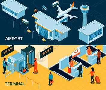 机场水平横幅与乘客运输安全扫描磁带门户行李控制等距矢量插图机场等距横幅背景图片