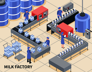 工厂三维等距矢量图上牛奶包装工艺牛奶工厂插图图片