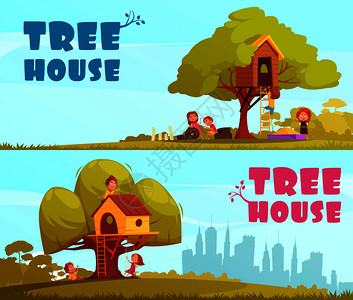 树屋与儿童蓝天背景下水平卡通横幅孤立矢量插图树屋儿童水平横幅图片
