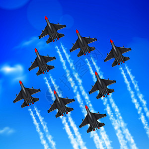 特技飞行的陆空阅兵式喷气式飞机编队凝结轨迹抗蓝天现实海报矢量插图用飞机凝结痕迹插画