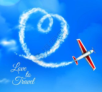 爱旅行心形飞机冷凝小径蓝天背景广告海报现实矢量插图凝结痕迹心脏现实背景图片