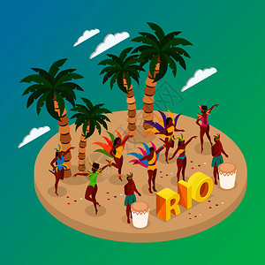 巴西嘉华与跳舞的人海滩符号等距矢量插图巴西嘉华插画