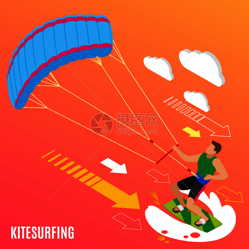 橙色背景等距矢量插图上的风筝冲浪期间,绿色板上蓝色降落伞的人风筝冲浪等距背景图片
