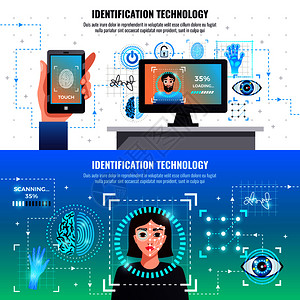 计算机视觉识别技术2信息元素水平横幅与人脸指纹签名识别计算机访问控制矢量插图识别技术横幅插画