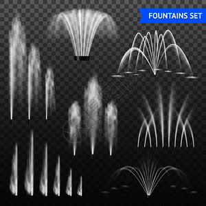 水喷射装饰室外水喷泉喷射装置7种同形状的大小范围,透明背景矢量插图现实喷泉透明套装插画