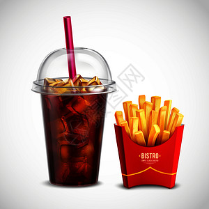 快餐写实构图与纸盒薯条塑料杯可乐与冰片管盖子矢量插图炸薯条可口可乐背景图片
