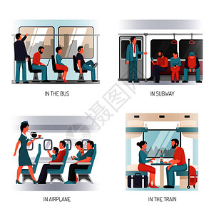 人们交通平中与飞机地铁城市公交乘客隔离矢量图人们运输扁平的图片