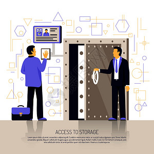 银行员工素材创新的生物识别技术平插图与自动手识别安全系统认证员工存储访问矢量插图识别技术平分插画