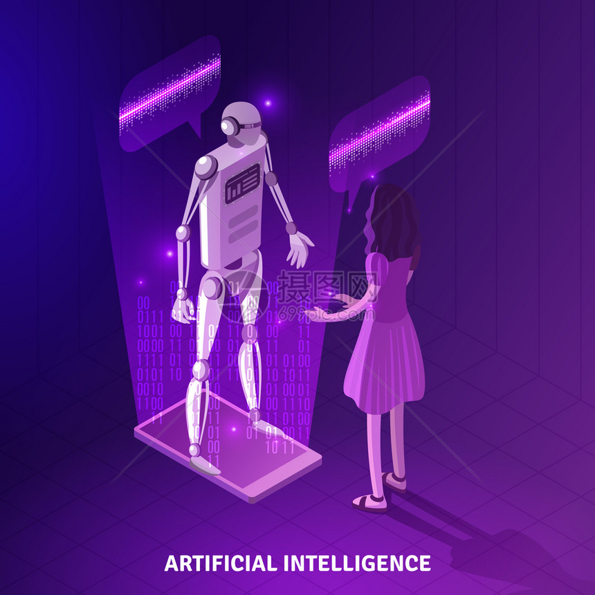 人工智能等距构图紫罗兰背景上与女孩交流聊天机器人矢量插图人工智能等距成图片