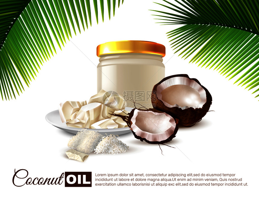 椰子油写实海报与半坚果罐油棕榈叶白色背景矢量插图椰子油写实海报图片