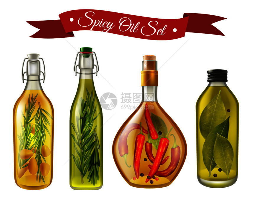 套真实的辛辣油与坚果调味品瓶子中的各种形状矢量插图辛辣油写实套装图片