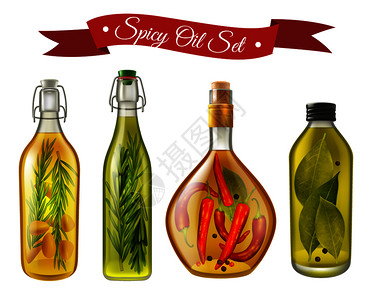 蔬菜瓶子套真实的辛辣油与坚果调味品瓶子中的各种形状矢量插图辛辣油写实套装插画