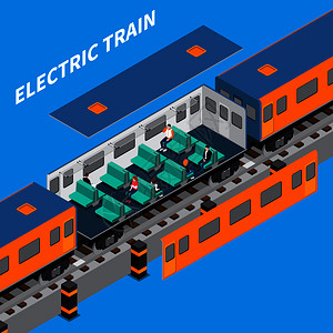 电动列车构造器等距成的车厢内部与坐客矢量插图电动列车等距成图片
