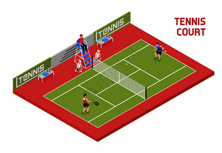 裁判法院运动场网球场等距成与2名球员球男孩裁判高椅子矢量插图体育网球场等距插画