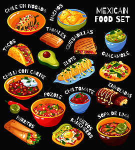 卡莫米尔传统的墨西哥食品菜单项目墨西哥玉米饼,墨西哥辣椒,卡恩,瓜卡莫勒,黑板背景矢量插图墨西哥食品套装黑板插画