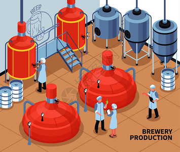 酵母发酵啤酒生产工艺等距成,人员控制热块发酵缸海报矢量插图啤酒厂生产等距插图插画