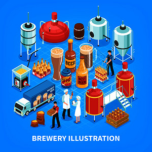 啤酒制造啤酒厂生产等距元素成与大麦谷物碾磨捣碎沸腾发酵装瓶蓝色背景矢量图啤酒厂等距成插画