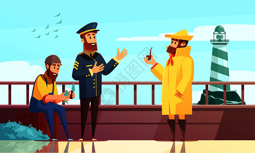 航海卡通背景与三个水手渔船甲板矢量插图航海卡通背景高清图片