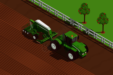 耕耘机农业机器等距背景与犁土壤符号矢量插图农业机器等距背景插画