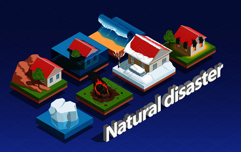 地震警报自然灾害等距与洪水火灾孤立矢量图自然灾害等距插画