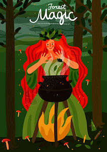 森林魔法童话儿童书封标题首页与红发女孩角色矢量插图森林童话人物图片